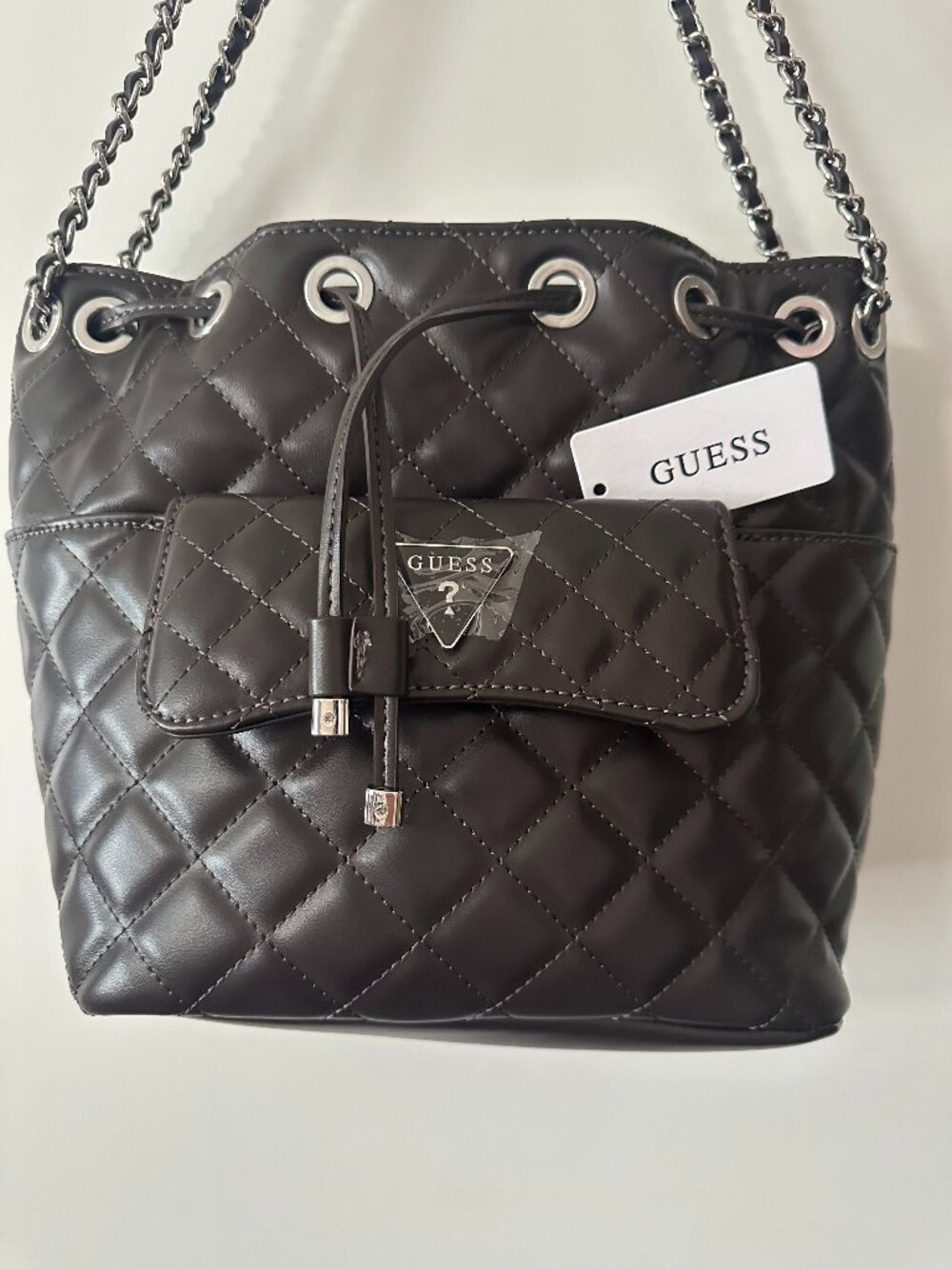 Brand New with Tags GUESS Quilted Drawstring Bucket Crossbody Bag in Brown